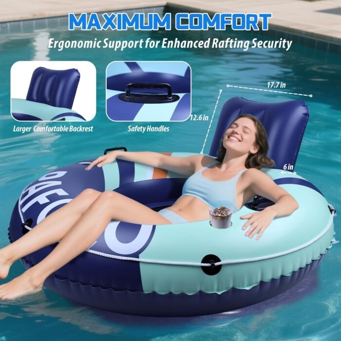 Inflatable River Tube Float, 53‘’Pool Float Adult, River Tubes for Floating Heavy Duty with Mesh Bottom, Water Tubes for Beach Lake Rafting, Comfortable Backrest & Cup Holders,450 lbs Weight Capacity - Image 4