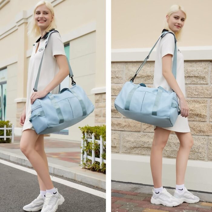 ZGWJ Sports Gym Bag with Wet Pocket & Shoes Compartment, Waterproof Shoulder Weekender Bag for Women and Men Swim Sports Travel Gym Bag Lightweight and easy Carry on Light Blue - Image 7