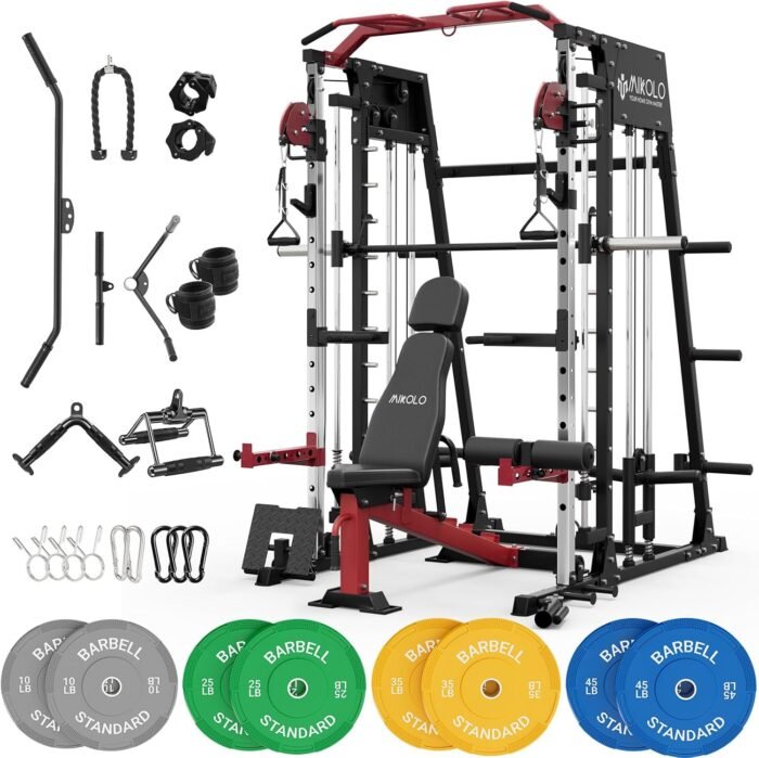 Mikolo Smith Machine, 2200lbs Squat Rack with LAT-Pull Down System & Cable Crossover Machine, Training Equipment with Leg Hold-Down Attachment, Garage & Home Gym Package - Image 2
