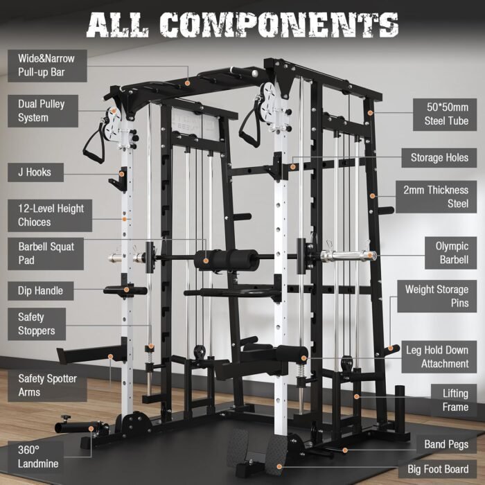Smith Machine,2200lbs All-in-One Home Gym Power Cage with Weight Bar and Two LAT Pull-Down Systems and Cable Crossover,Multi-Function Squat Rack for Home Gym Training - Image 4