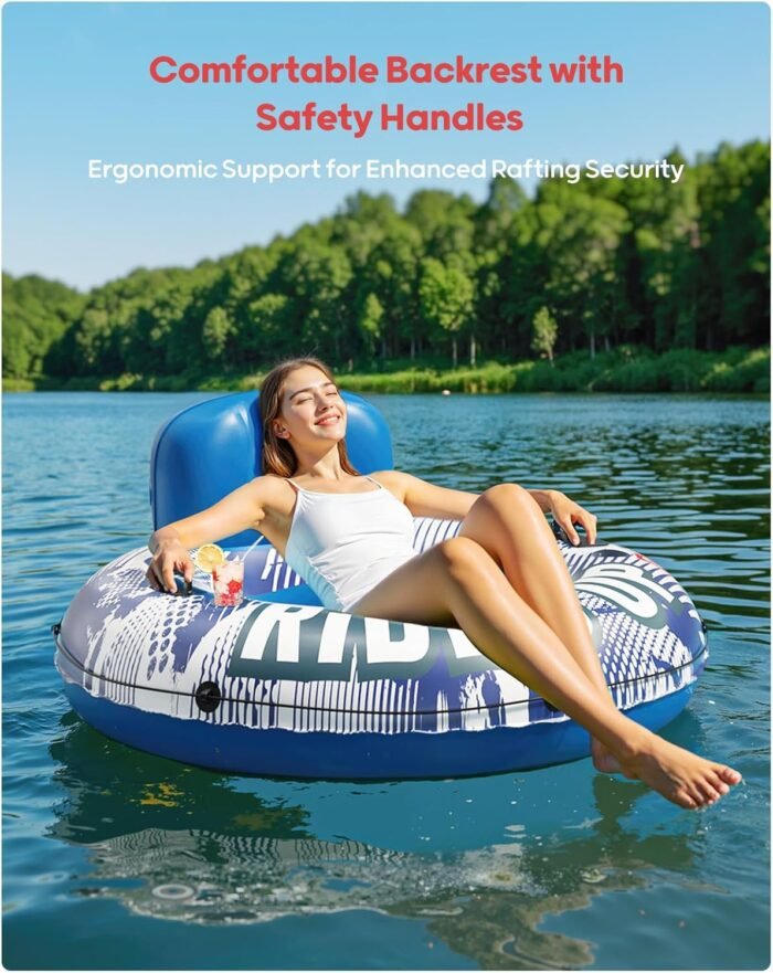QPAU Inflatable River Tube, 0.4 mm Thickened Puncture-Resistant Heavy Duty River Float, River Raft with Ergonomic Backrest, Mesh Bottom & 2 Cup Holders for Family Friends Lake Float - Image 4