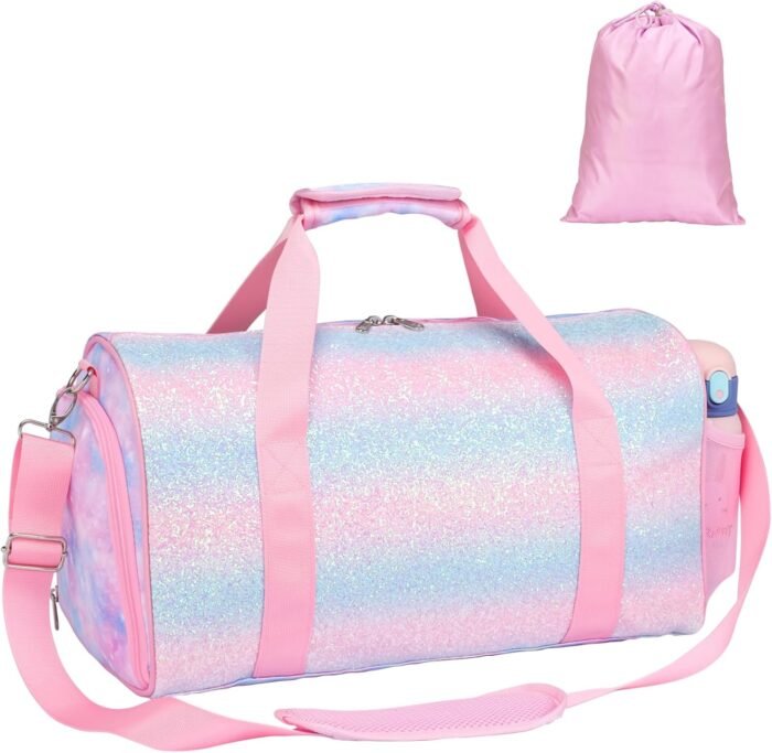 Bagseri Duffel Bags for Kids - Girls Dance Bag Ballet Tote, Waterproof Sports Gymnastics Bag for Overnight with Shoe Compartment and Dry Wet Separation Pockets (Tie-dye,Pink) - Image 2