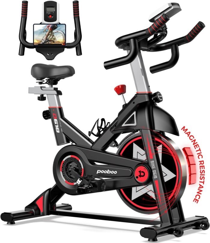 POOBOO Exercise Bike, Stationary Bike for Home Gym, Indoor Cycling Bike w/Comfortable Seat Cushion & Tablet Mount, Silent Belt Drive Indoor Bike for Cardio Workout - Image 2