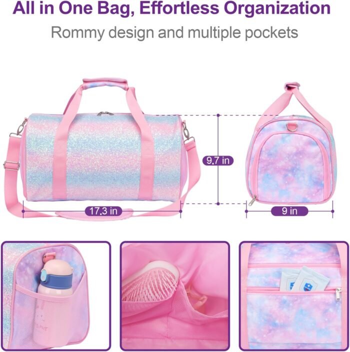 Bagseri Duffel Bags for Kids - Girls Dance Bag Ballet Tote, Waterproof Sports Gymnastics Bag for Overnight with Shoe Compartment and Dry Wet Separation Pockets (Tie-dye,Pink) - Image 3
