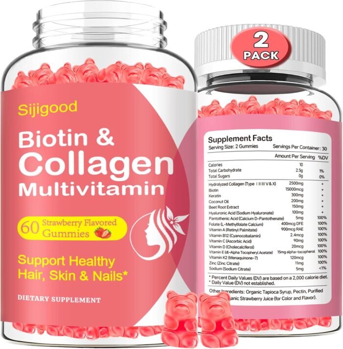 2 Pack Collagen Gummies for Women Men, Hydrolyzed Collagen Peptides Types I,II,III,V,X with Biotin & Hyaluronic Acid, Vitamins C A D E B12 K2 Support, Sugar-Free for Skin Hair Nails Immunity Energy - Image 2
