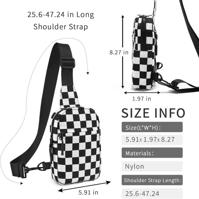Small Checkered Crossbody Sling Bag Chest Bag Water Resistant Fanny Pack Running Phone Holder for Women Men Workout Travelling Hiking(Black) - Image 6