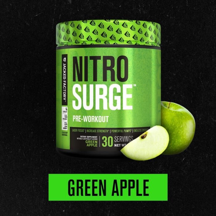 Jacked Factory NITROSURGE Pre Workout Supplement - Endless Energy, Instant Strength Gains, Clear Focus, Intense Pumps - NO Booster & Powerful Preworkout Energy Powder - 30 Servings, Green Apple - Image 3