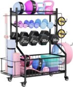 WUC Dumbbell Rack, Adjustable Weight Rack for Home Gym Storage for Dumbbells Kettlebells Yoga Mat & Balls, All in One Workout Equipment Storage Rack with Wheels, Powder Coated Steel, Black - Image 2