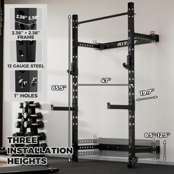 RitFit Multi-Functional Folding Squat Rack for Home Gym, 2.36'' x 2.36'' Wall Mounted Squat Rack with Attachments - Space Saving Squat Power Rack - Image 4