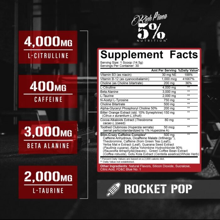 5% Nutrition Rich Piana 5150 High Stim Pre-Workout Powder | Extreme Energy, Focus, Pumps & Endurance | 400 mg Caffeine, Citrulline, Beta Alanine, N-Acetyl L-Tyrosine | 30 Srvgs (Rocket Pop) - Image 3