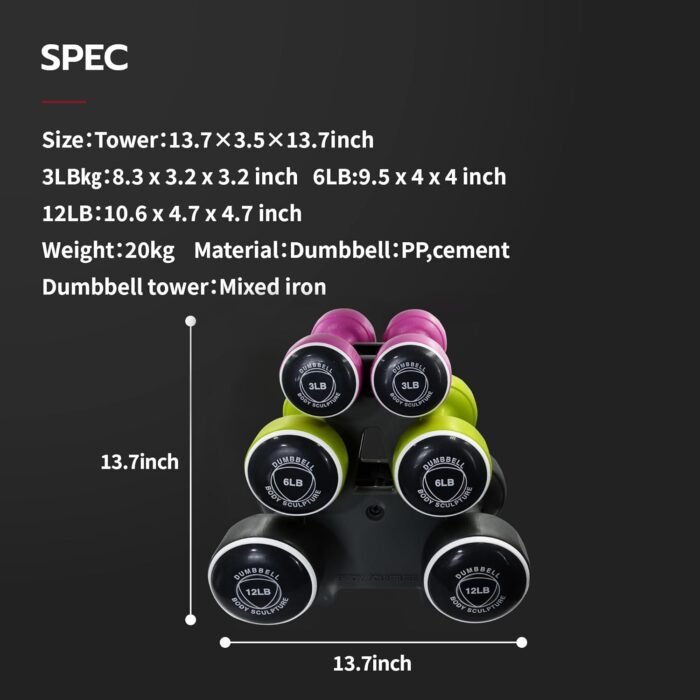 Body Sculpture Weights Set Free-Weight Dumbbell Set with Rack Set includes 3, 6 and 12 lb Weights ideal for men and women for small and large muscle groups - Image 7