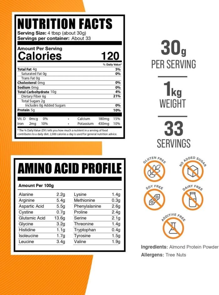 BulkSupplements.com Almond Protein Powder - Plant Based Protein, Almond Powder - Vegan, Gluten Free, & No Sugar, 30g per Serving, 1kg (2.2 lbs) (Pack of 1) - Image 3