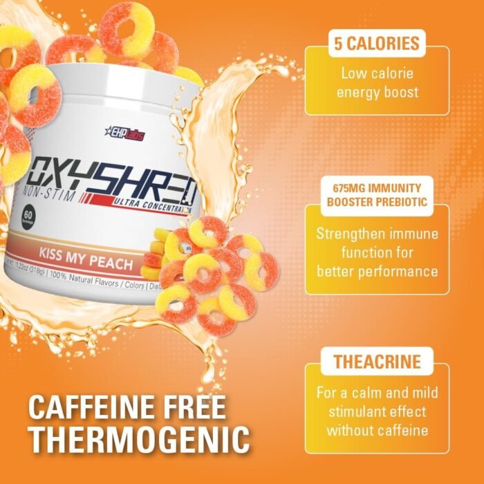 EHP Labs OxyShred Non Stimulant Pre Workout Powder - Stim Free Pre Workout, Caffeine Free Preworkout for Men & Women with L Glutamine & Acetyl L Carnitine - Peach, 60 Servings - Image 5
