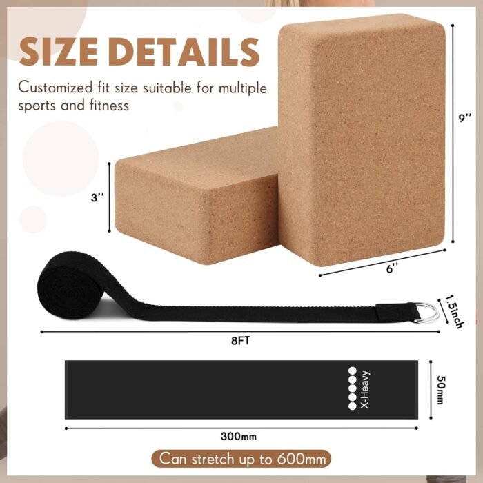 Liliful 2 Pack Cork Yoga Block with Strap and 5 Pcs Resistance Bands Exercise Bands 9 x 6 x 3 Inch Natural Yoga Block Set for Women Men Exercise Stretching Fitness Workout Pilates - Image 3
