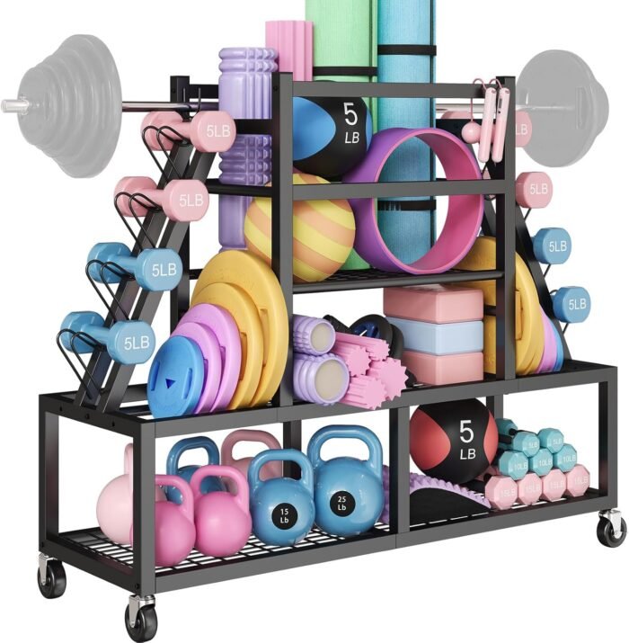 Dumbbell Rack Weight Rack Storage-Large Dumbbells Rack Home Gym Storage,Multilevel Workout Storage Organizer with Wheels and Barbell Holder,Perfect for Yoga Mat Balls Kettlebells and Fitness Gear,black - Image 2