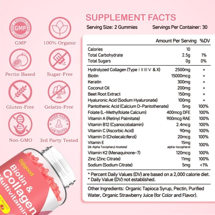 2 Pack Collagen Gummies for Women Men, Hydrolyzed Collagen Peptides Types I,II,III,V,X with Biotin & Hyaluronic Acid, Vitamins C A D E B12 K2 Support, Sugar-Free for Skin Hair Nails Immunity Energy - Image 3