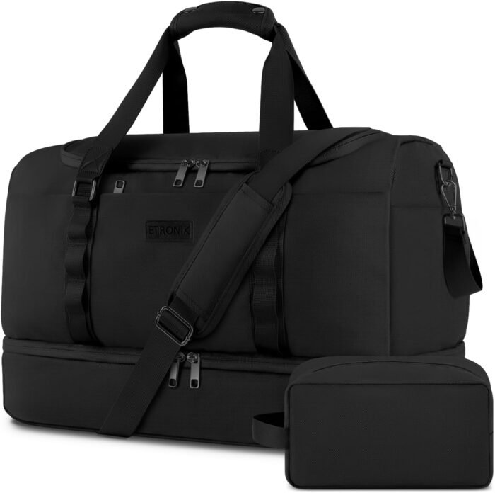 ETRONIK Gym Bag for Men Women, Large Travel Duffle Bag with Shoe Compartment, Carry on Bag with Toiletry Bag, Weekender Overnight Bag for Sports Business Trip, Black - Image 2
