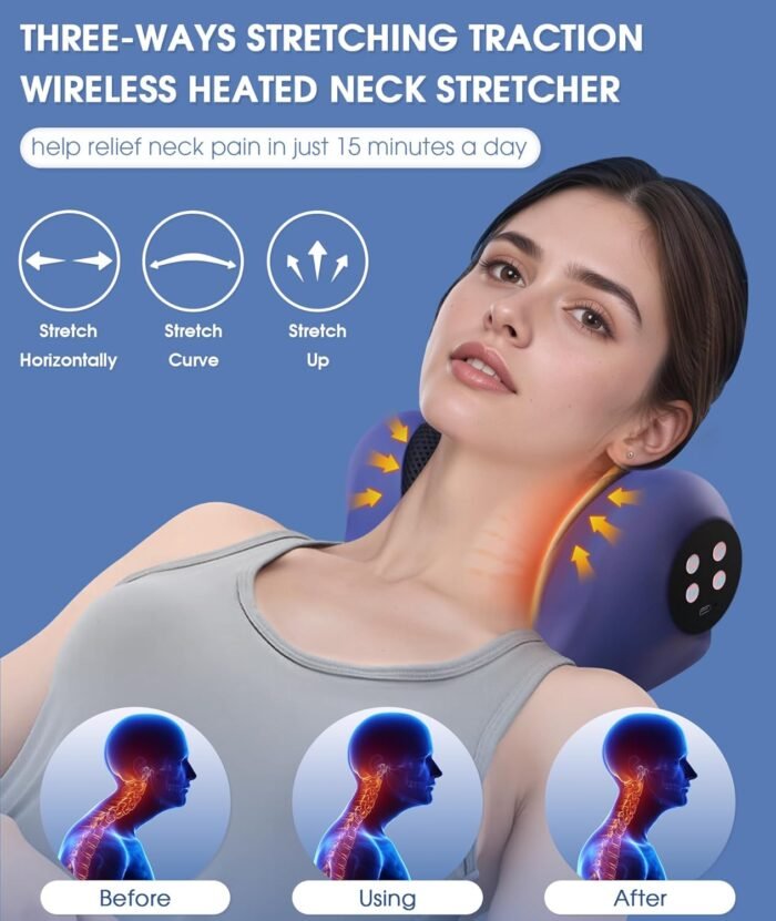 Neck Stretcher for Pain Relief,Portable Cordless Neck Massager with Heat, 3 Adjustable Modes Cervical Traction Device Neck Massager Pillow for Relieve Muscle Tension Spine Alignment (Blue) - Image 3