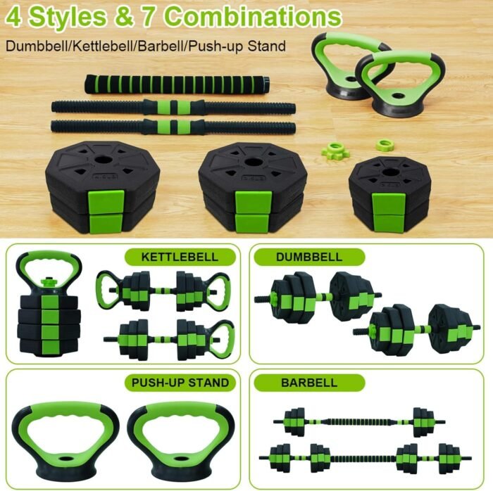 Adjustable Dumbbell Set, 4 in 1 Adjustable Kettlebell Set,44lbs/66lbs/88lbs Weight Set Used as Kettlebells, Barbell, Push up Stand for Home Gym,Green and Black,Octagon Head - Image 4