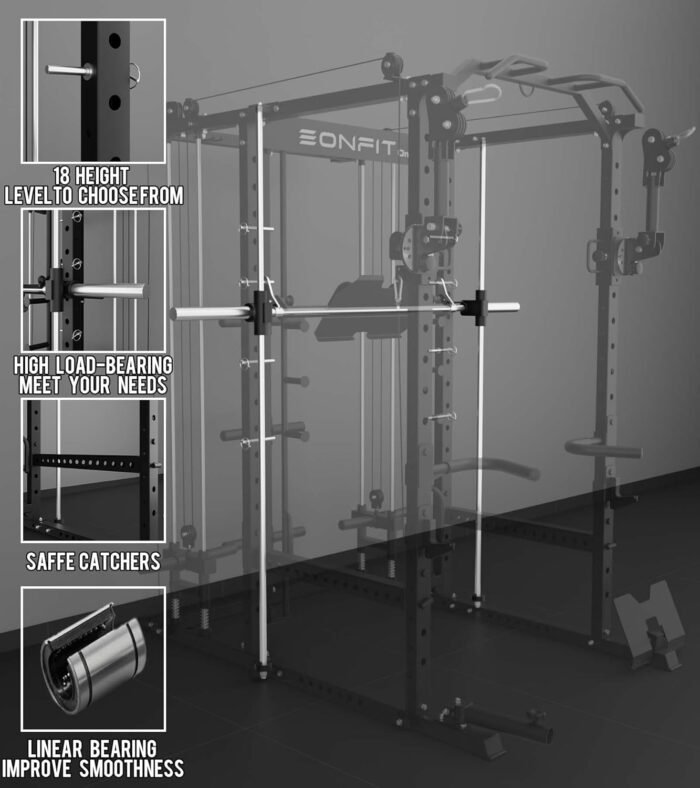 Eonfit E5 Smith Machine with Vertical Leg Press, Power Cage Squat Rack with LAT-Pull Down Cable Crossover Rotating Arms System Home Gym Equipment All in One - Image 7