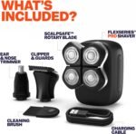 FlexSeries Pro Electric Head & Body Shaver - Mens Cordless Rechargeable Wet/Dry Skull Bald Head Back & Groin Waterproof Razor with Rotary Blades, Clippers, Nose Trimmer, Brush, Massager - Image 4