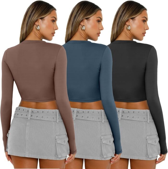 AUTOMET 3 Pack Womens Long Sleeve Shirts Y2K Going Out Crop Tops Cute Basic Slim Fitted Fall Fashion Outfits 2025 Clothes - Image 5