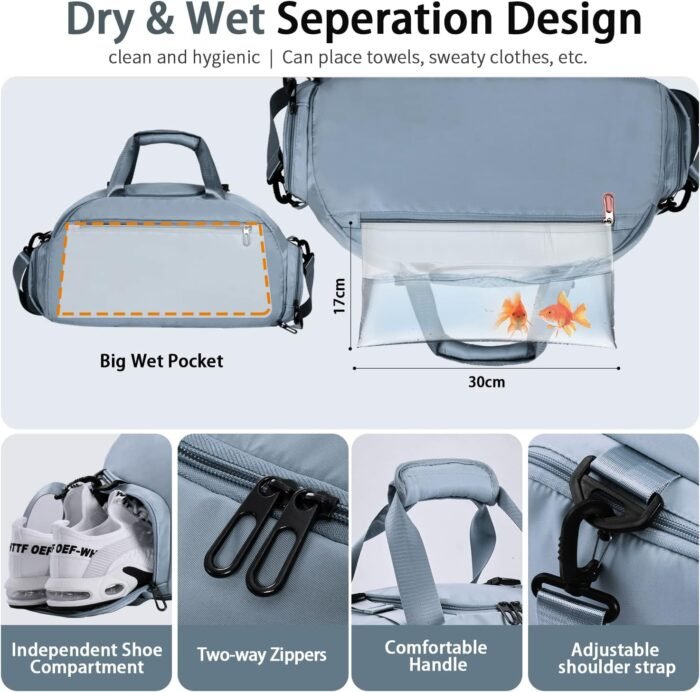 FIORETTO 30L Sports Gym Duffle Bag with Wet Pocket & Shoe Compartment, Weekender Hospital Overnight Bag for Women, Sports Holdall Backpack - Image 3