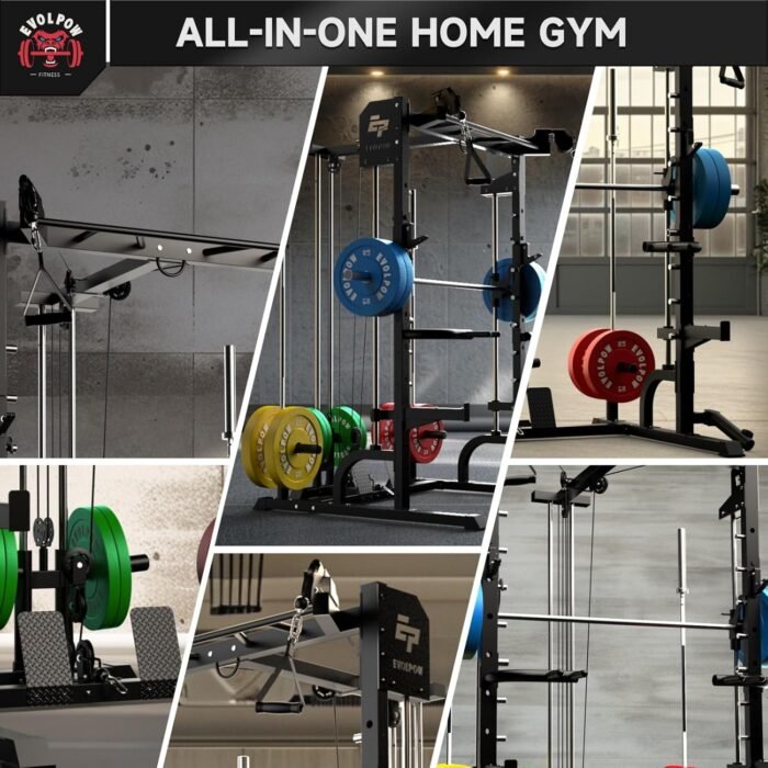 EVOLPOW Squat Rack with Pulley System, Smith Bar, J-Hooks, Dip Handles, Landmine Attachment, Multi-Functional Power Cage with Optional Bench, Weight Plates for Home Gym - Image 8
