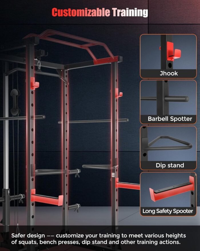 OPPSDECOR Power Cage, Multi-Function Power Rack with Adjustable Cable Pulley System, Squat Rack with Pull-up Bar, J-Hooks, More Training Attachment for Home Gym - Image 8