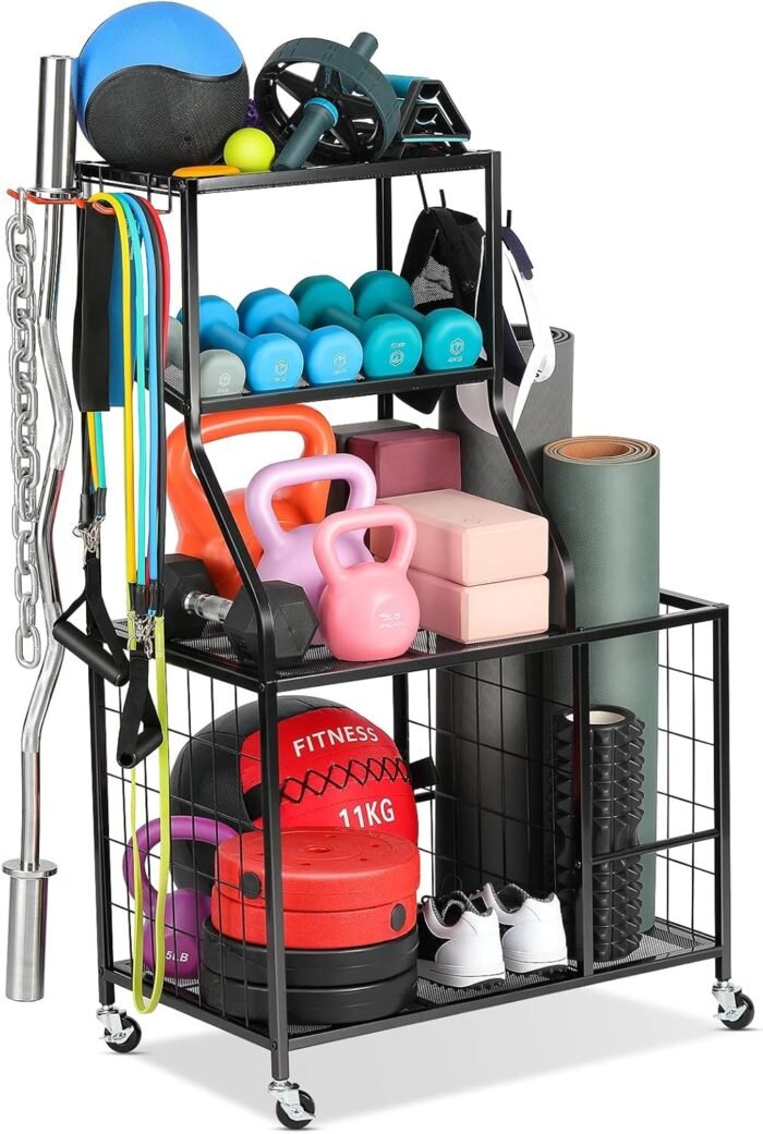 Weight Rack Home Gym Storage, Yoga Mat Storage Rack Workout Equipment Storage Rack for Dumbbells Kettlebell Resistance Band, Exercise Equipment Gym Rack Organizer with Wheel and Levelling Feet - Image 2