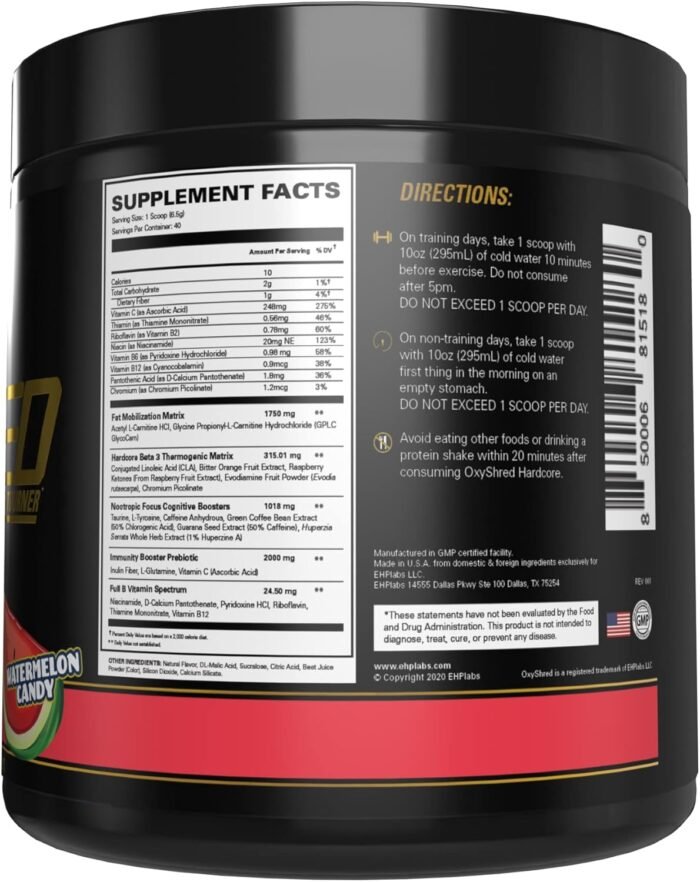 EHP Labs OxyShred Hardcore Super Dosed Pre Workout Powder - Preworkout Powder with L Glutamine & Acetyl L Carnitine, Energy Boost Drink - 275mg of Caffeine - Watermelon Candy, 40 Servings - Image 11