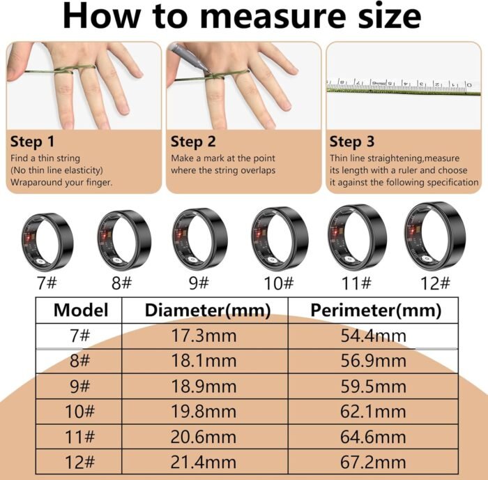 Thin Smart Ring for Fitness & Health Tracking -Heart Rate/Blood Oxygen Monitor, 5ATM Waterproof, Sleep Analysis, Pedometer -No APP Subscription Compatible with Smartphone (Black, 7) - Image 3