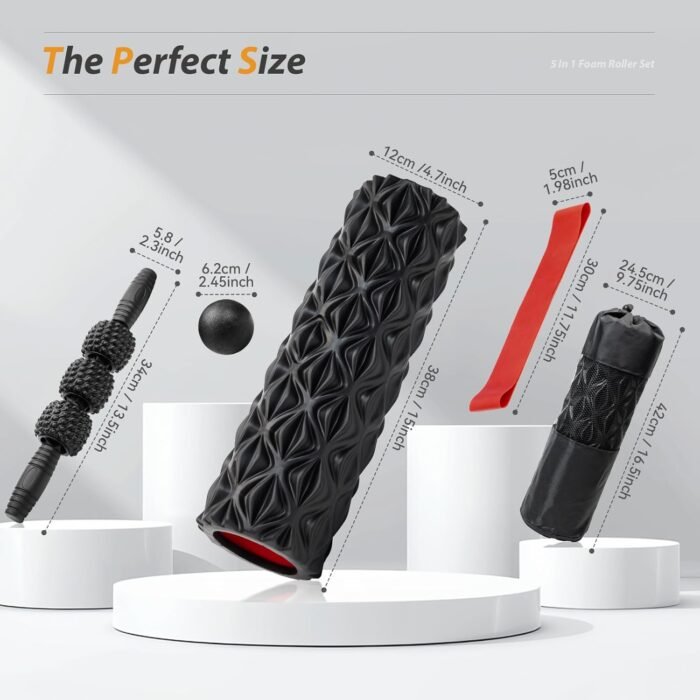 5 in1 Foam Roller Set, Trigger Point Foam Roller, Massage Roller Stick, Massage Ball, Resistance Band for Deep Muscle Massage Pilates Yoga,Fitness Exercise for Whole Body (Pure Black) - Image 3