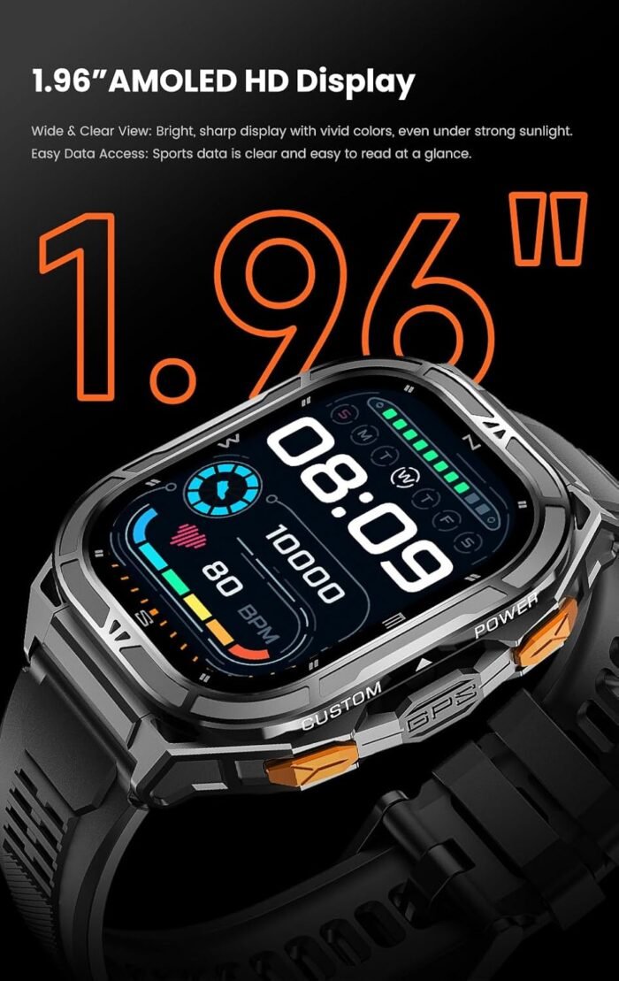 2025 GPS Sports Smart Watch for Men & Women, 1.96" AMOLED Display Fitness Tracker with Heart Rate, Blood Oxygen, Sleep Monitor, 100+ Sports Modes, Waterproof 5ATM, Compatible with Android & iOS (Gray) - Image 4