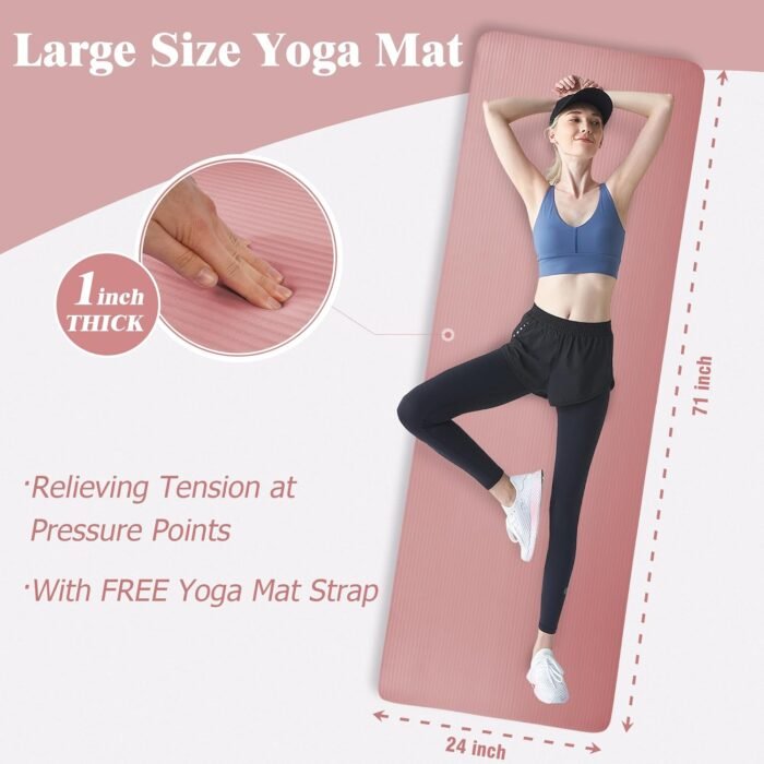 Yoga Mat 1-Inch Extra Thick High-Density Exercise Mat with Non-Slip Surface & Carry Strap for Men & Women Tear-Resistant Pilates Workout Mat for Home Gym, Floor Fitness, Pale Pinkish - Image 3
