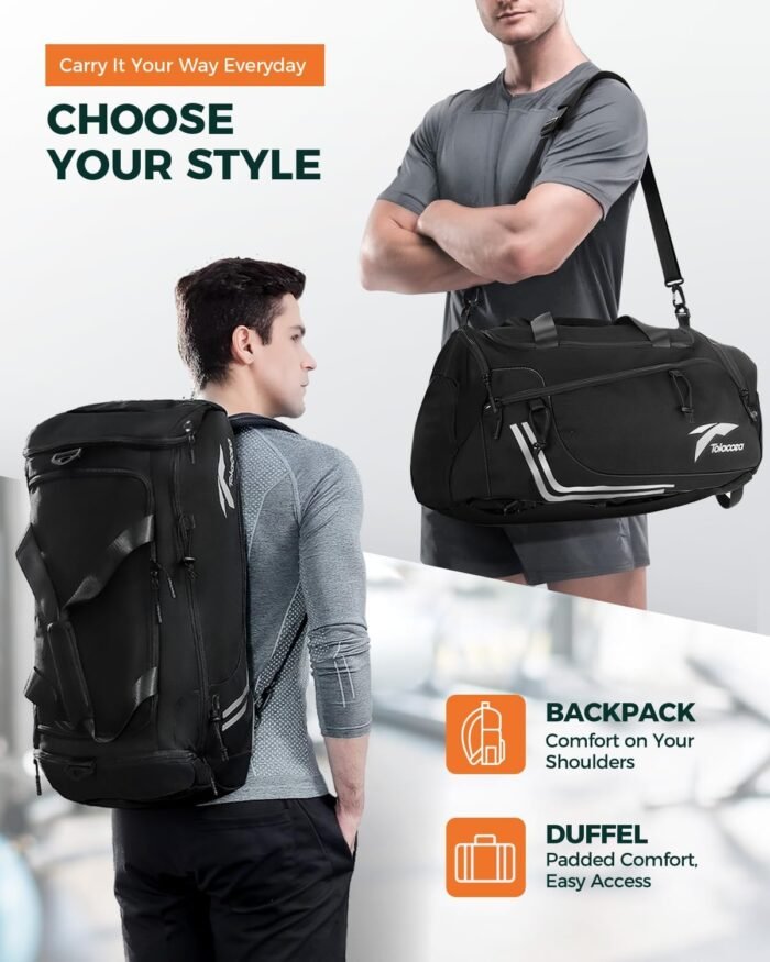 Tolaccea Gym Bags for Men Women, 45L Large Travel Duffel Bags with Shoe Compartment & Wet Pocket, Weekender Overnight Carry On Backpack Duffle Bag for Traveling Sports Workout (Black) - Image 7