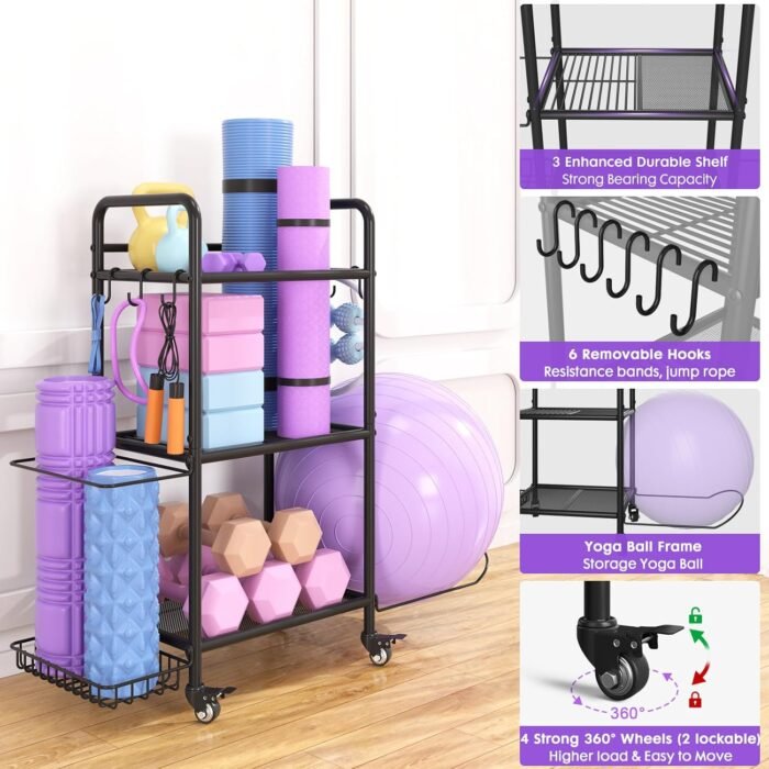 Home Gym Storage Rack Exercise Equipment Storage Organizer for Yoga Mat Dumbbells Kettlebells Foam Roller Yoga Strap & Resistance Bands, Ideal Yoga Mat Holder & Workout Equipment Organizer - Image 6