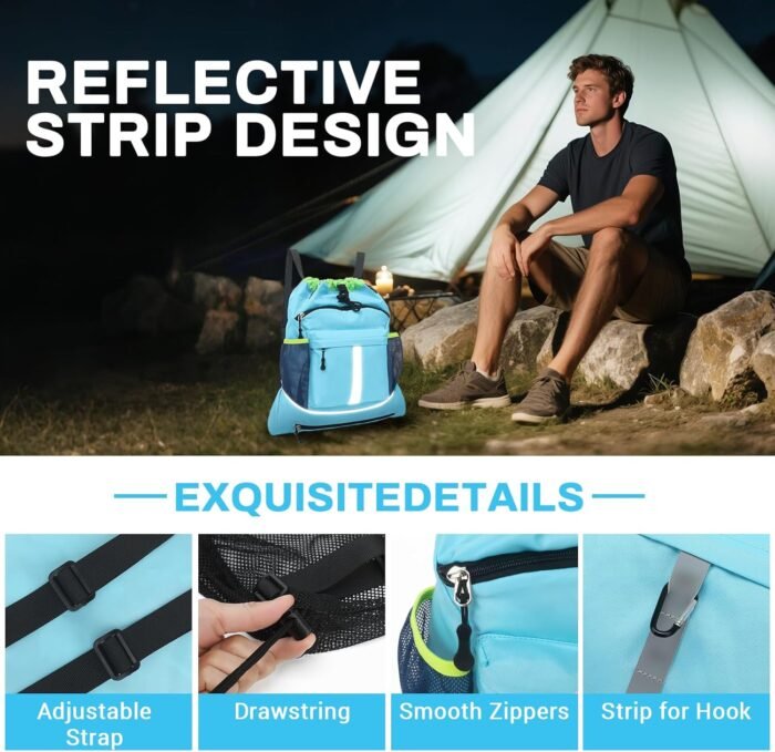 Drawstring Backpack, Waterproof Sandproof Beach Backpack for Sport Gear Small Gym Bag with Hidden Ball Net Pocket and Seperated Wet Pocket Draw String Back Bag for Women Men, Blue - Image 8