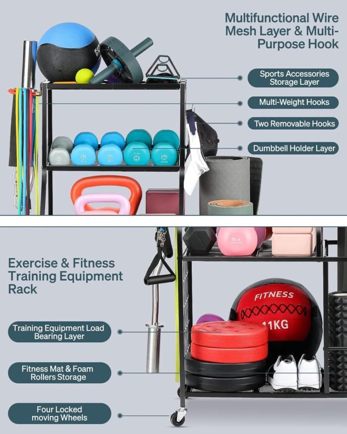 Weight Rack Home Gym Storage, Yoga Mat Storage Rack Workout Equipment Storage Rack for Dumbbells Kettlebell Resistance Band, Exercise Equipment Gym Rack Organizer with Wheel and Levelling Feet - Image 4