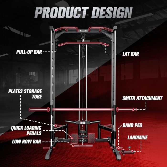 RitFit Smith Machine Power Rack with LAT-Pull Down System, Landmine, Barbell Bar, Plate Storage Pegs and More Training Attachment - Image 7
