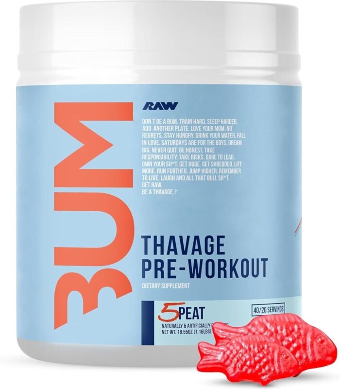 RAW Pre Workout Powder, Thavage (5 Peat, Red Gummy) - Chris Bumstead Sports Nutrition Supplement for Men & Women - Cbum Pre Workout for Working Out, Hydration, Mental Focus & Energy - 40 Servings - Image 2