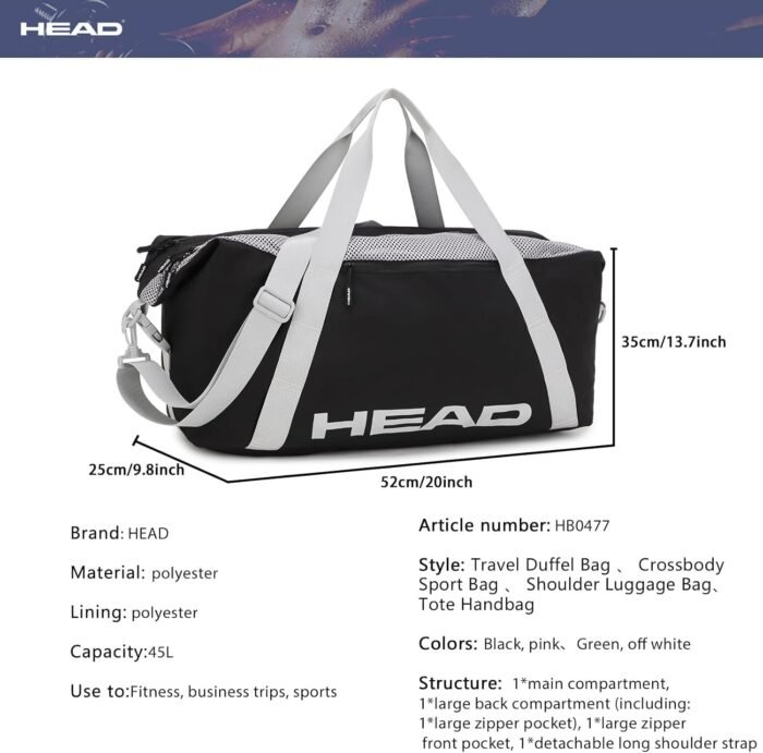 HEAD 45L Waterproof Gym Duffel Bag for Women & Men, Large Capacity Crossbody Sport Travel Bags for Fitness/Yoga, Lightweight Shoulder Tote Bag for Weekender Overnight/Business Workout(Pink) - Image 5