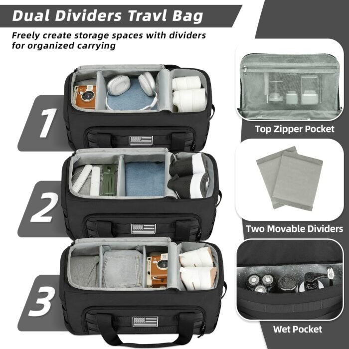ZOMFELT Tactical Gym Bag for Men, 3-in-1 Travel Duffle Bag with Removable Dividers & Innovative Shoe Compartment, Waterproof MOLLE Travel Backpack, Airplane Carry-On Approved Workout, Outdoor, Black - Image 3