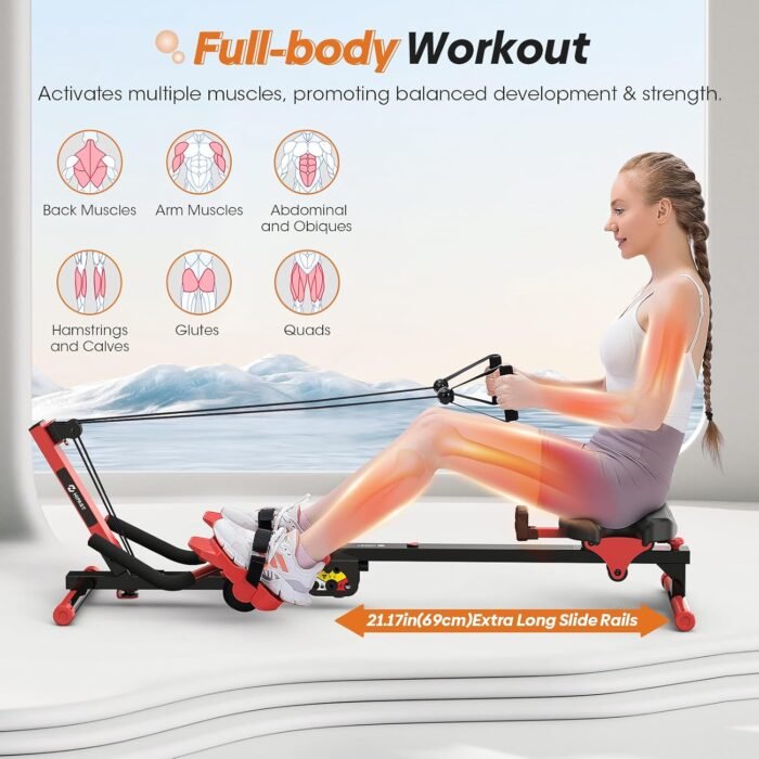 Rowing Machine, 4 in 1 Rowing and Ab Machine with 2 Levels of Workout Resistance, Quiet & Foldable Rower Machine with 3 Adjustable Handle Heights & LCD Monitor, Row Machine for Home Exercise - Image 4