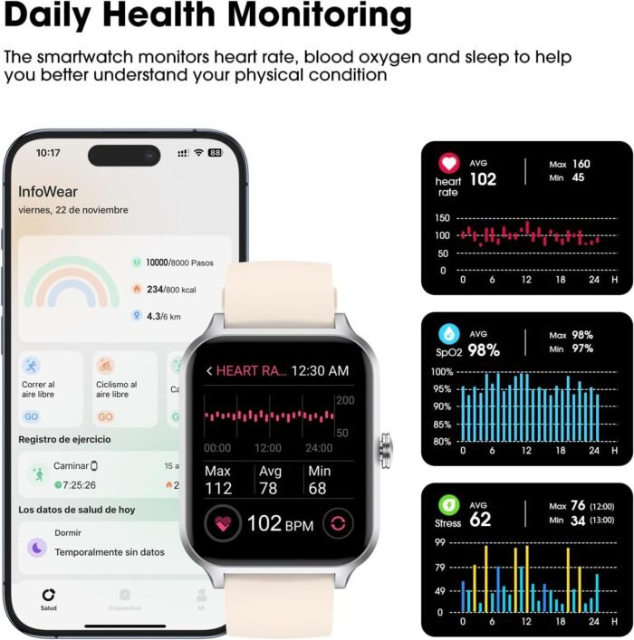 Smart Watch(Answer/Make Call), 1.69" Fitness Tracker with Heart Rate Blood Oxygen Monitor, Sleep Monitor Health Tracker, 100+ Sports Modes, Step Counter, IP68 Waterproof Fitness Watch for Android iOS - Image 4