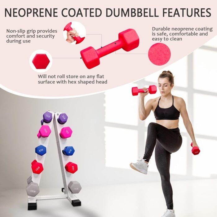 6-10 Pair Iron and Rubber Dumbbell Set 350/450 and 550 lbs 5-50 lbs Hand Free Weight for Strength Hex Coated Encased Weights with Vertical Storage Rack Home Gym 5-50 lb - Black - Image 5