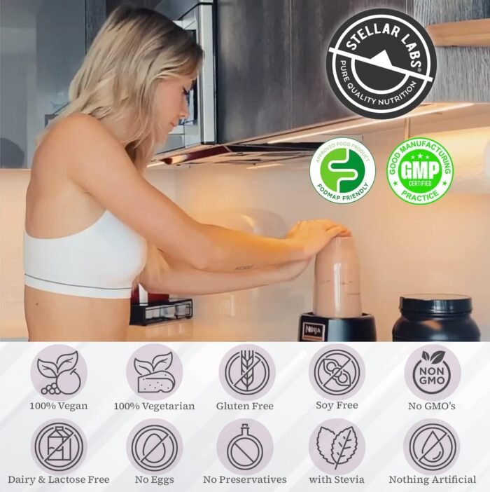 Stellar Labs Vegan Protein Powder with BCAA's & Antioxidants | Certified Low FODMAP, Non GMO, Gluten Free, Soy Free, Low Carb, with Stevia | Lean Plant Based Protein Powder Shakes | Chocolate - Image 4