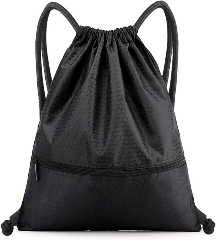 Drawstring Backpack Bag, Waterproof Draw String Back Sack with Zip Pocket, Gym Drawstring Bags Swim Bag for Men Women - Image 2