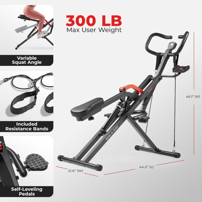 Sunny Health & Fitness Row-N-Ride PRO, Full Body Combo Squat Machine w/Optional Resistance Band, Easy Setup Ab Workout Exercise Equipment for Home, Whole Body Cardio, Optional SunnyFit App Connection - Image 7