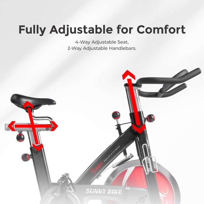 Sunny Health & Fitness Indoor Stationary Exercise Bike, 4-Way Adjustable Seat for Cycling Cardio workout at Home, Optional 49 LB Flywheel, Heavy-Duty & Free SunnyFit App Bluetooth Connect - Image 6
